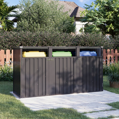 Outdoor Galvanized Steel Trash Can Shed with Lift-Up Lid, 3-Bin Garbage Storage Enclosure