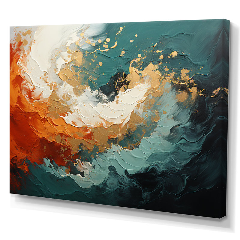 Orange et marbre doré, lave III - art mural abstrait, H 34 po x l 44 po x P 1,5 po, Toile tendue