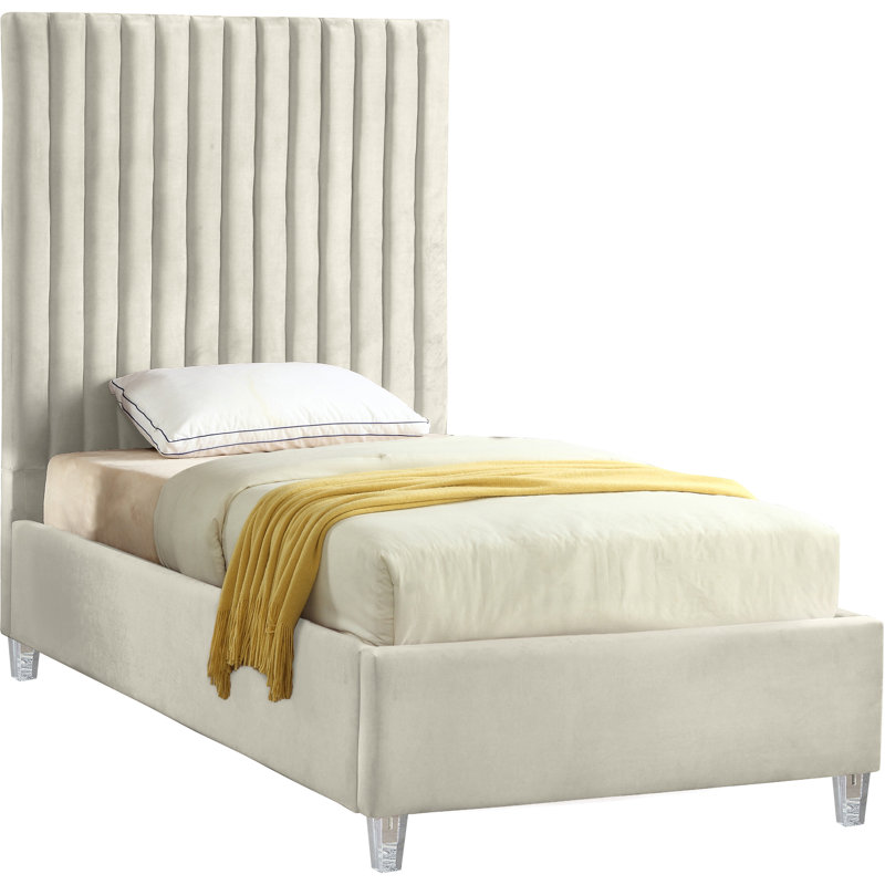 Lit plateforme tapissier capitonné à profil bas, Simple, Velours crème