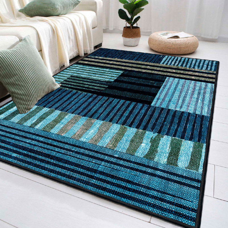 Premium 100% Cotton Area Rug, 47.2 x 70.9 inches | Antibacterial, Non-Slip PVC Underside, 0.3 in Pile Height | Machine Washable, Multi-Color Design (White, Yellow, Blue, Navy Blue) | Durable & Stylish for Home Decor