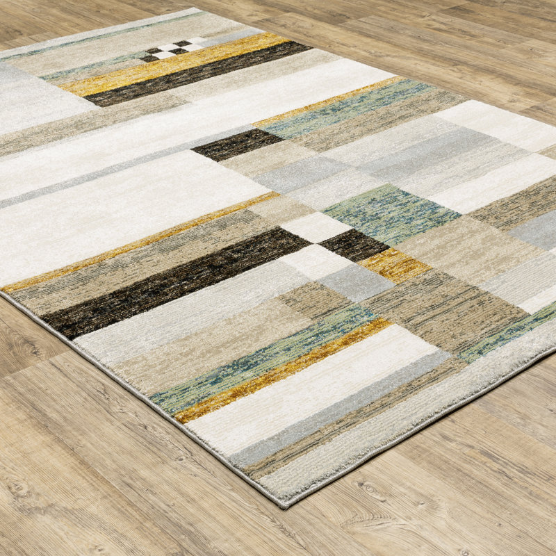 Tapis abstrait ivoire / gris / beige Aldford, Rectangle 7 pi 10 po x 10 pi 10 po