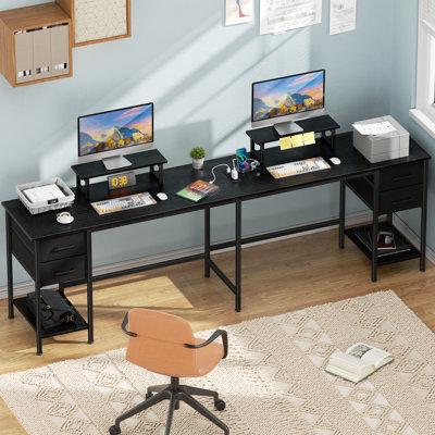 66" Reversible L-Shaped Computer Desk, 2-Person Home Office Workstation with Power Outlets, Charging Station, Storage Shelves & File Cabinet