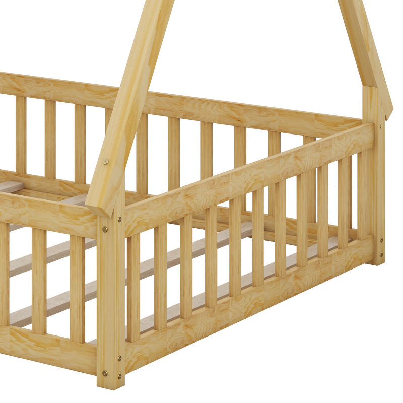 Cadre de lit cabane avec barrière et porte, lit Montessori en bois avec sommier à lattes, Double, Naturel