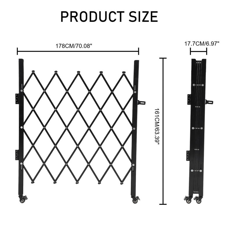 Barrière de sécurité pliante extensible H 63 po x l 70 po avec roulettes pivotantes à 360 °, barrière d'allée en métal portative pour la cour, le garage, le jardin et la piscine