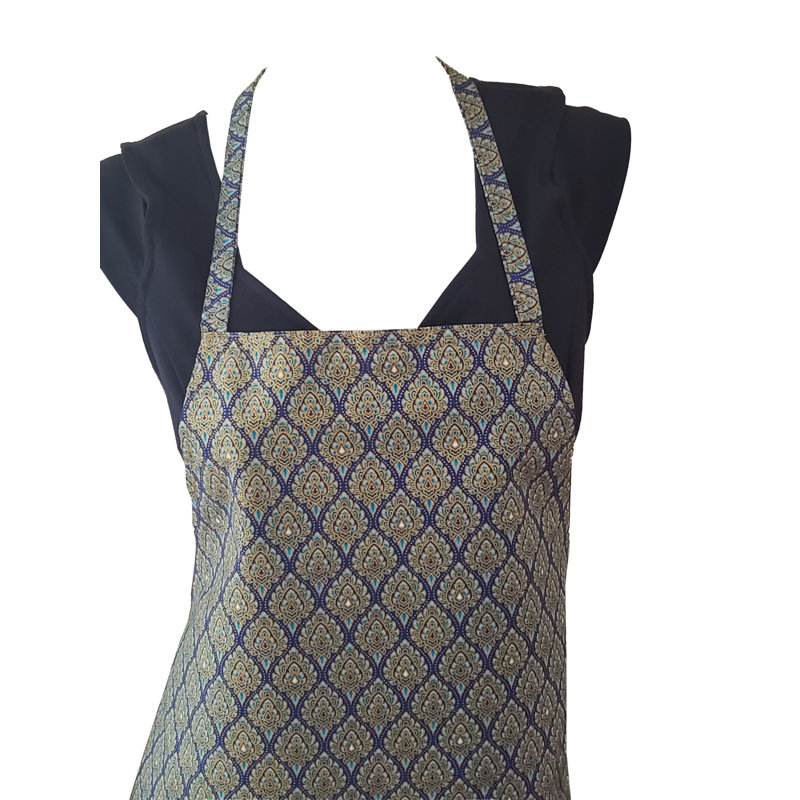 Apron Printed Floral Design Pinafore Style Long Waist Ties. Cotton Fabric Cooking Apron, Turquoise/Blue