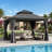 Outdoor Patio Metal Frame Gray Wood Grain Resin Roof Gazebo with Privacy Curtain Mosquito Netting-121781435-118533892