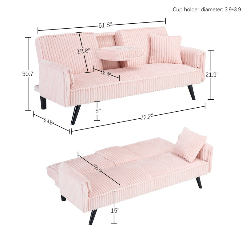 72''Modern Corduroy Convertible Folding Sofa Bed with Cup Holder, Pink Corduroy, 31.1" H x 72.04" W x 38.58" D