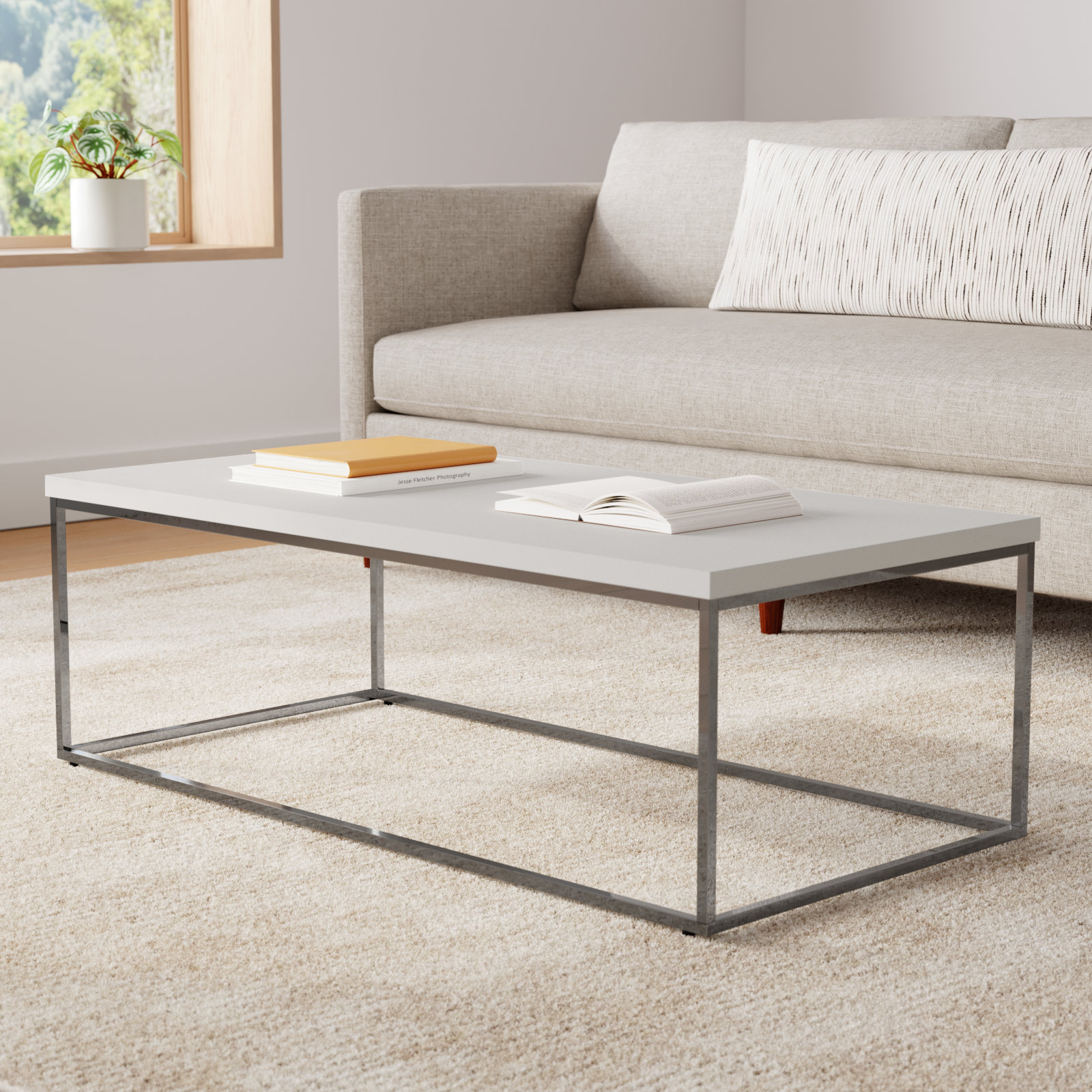 Valeta 47" Coffee Table, White Top/Lacquer Base