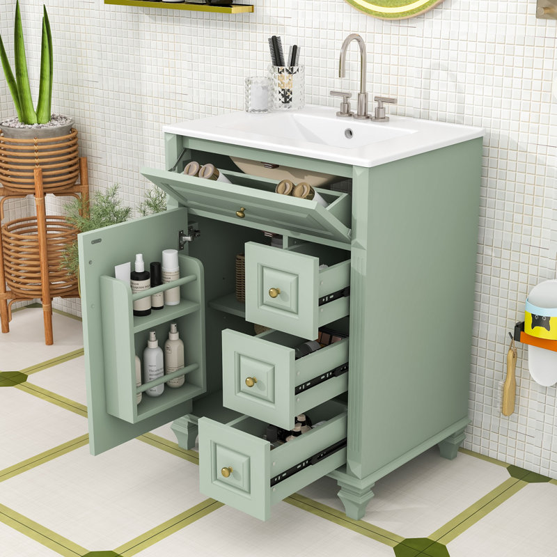 Meuble-lavabo autoportant élégant avec rangement intelligent et lavabo, Green