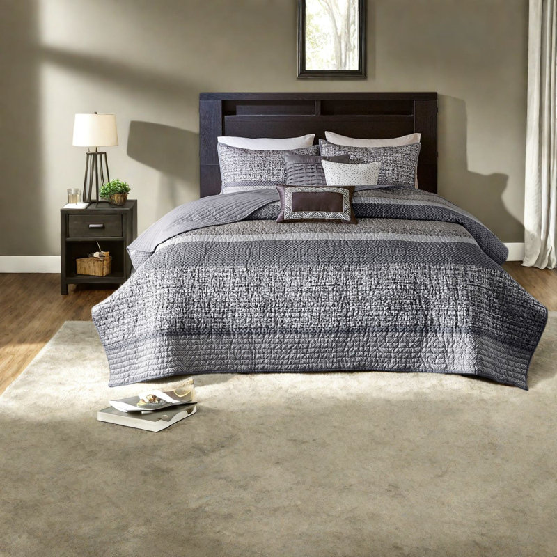 Ensemble de literie luxueux en coton, courtepointe réversible taupe grise avec touche décorative