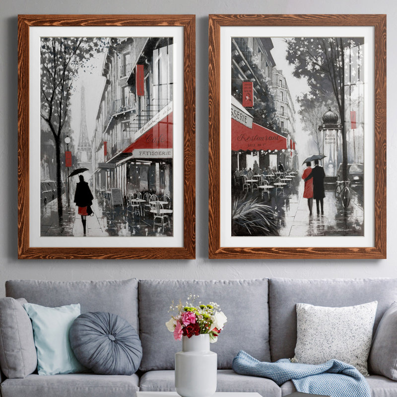 «Rainy Paris I», ensemble de 2 reproductions d'art, Blanc, H 31,5 po x l 47 po x P 1,5 po, Papier avec cadre érable