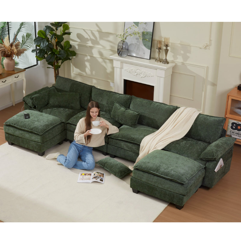 Canapé modulaire Cloud avec USB, chenille, profondeur 24 po, Chenille verte