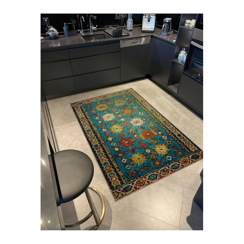 Tapis lavable décoratif bleu rétro, Tapis de couloir 3 pi 3 po x 9 pi 10 po