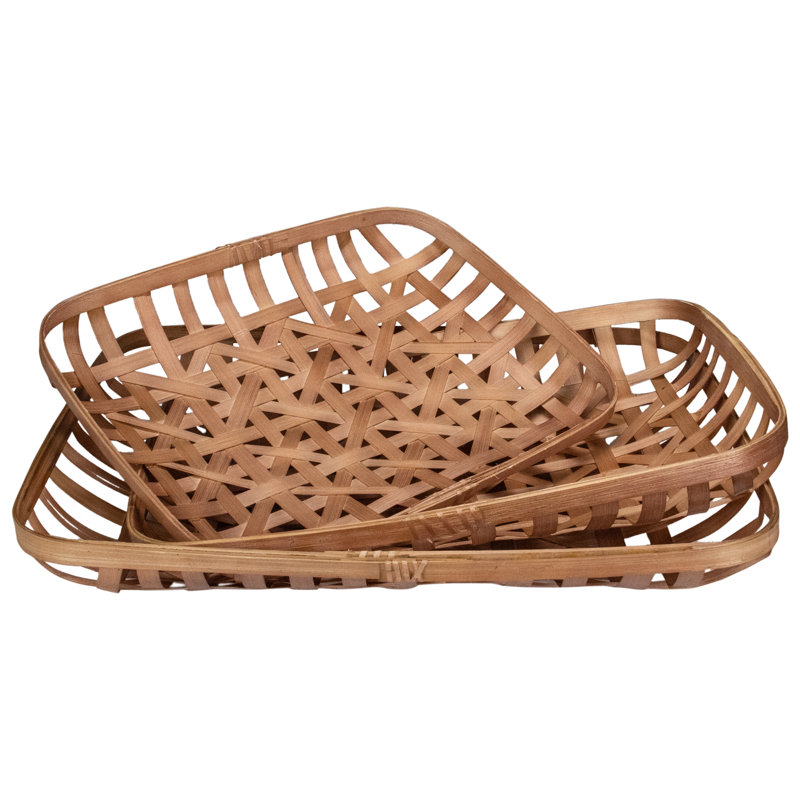 Set Of 3 Brown Rectangular Lattice Tobacco Table Top Baskets, Brown