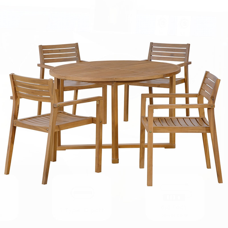 Ensemble repas 5 pièces pour l'extérieur avec 4 chaises en bois d'acacia et table ronde de 47,2 pouces, idéal pour les patios, les jardins, les bords de piscine et l'intérieur