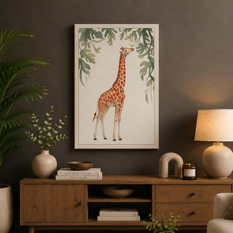 Giraffe Reaching High Boho - Wrapped Canvas, 18x12 - 45.7 x 30.5 cm, Sage Border