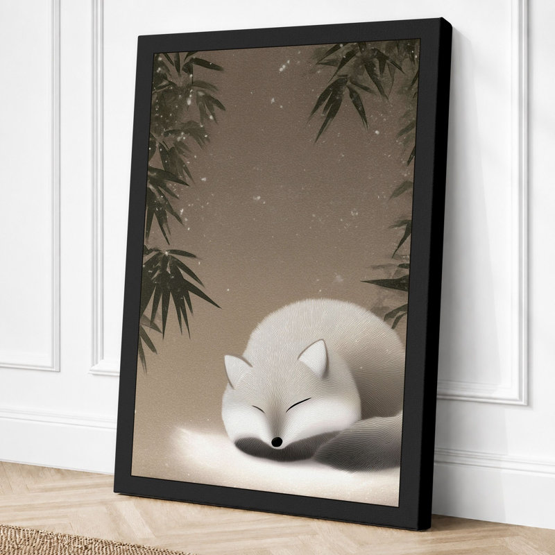Sleeping Fox In Snow Scandinavian - Print, 24x16 - 61.0 x 40.6 cm, Black Border