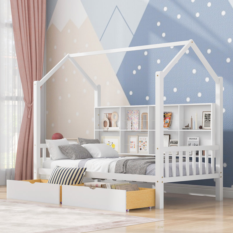 Lit simple en bois avec 2 tiroirs, lit pour enfant avec tablette de rangement (lit)