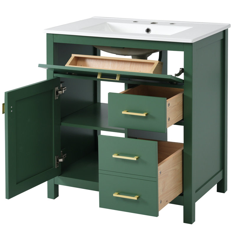 30-Inch Bathroom Vanity with Ceramic Sink and Ample Storage, Green