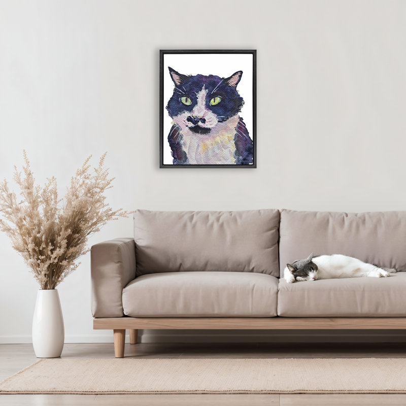 Cadre flottant, peinture de chat Tuxedo, conception de Tatiana Roberts, Cadre flottant noir de jais, H 21 po x l 17 po