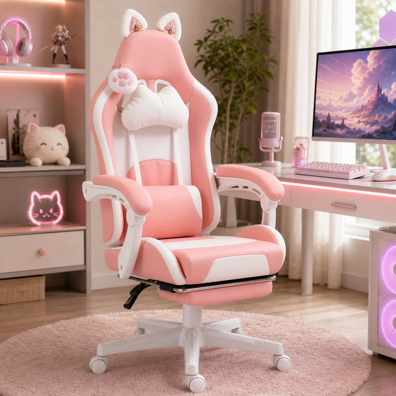 Fauteuil de jeu de course mignon et durable, fauteuil de jeu en similicuir avec repose-pieds, appui-tête et soutien lombaire