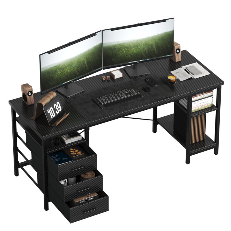 Metal Base Computer Desk,Gaming Desk with 3 Fabric Drawers & Storage Shelves, Writing Work Study Desk for Home Office Bedroom, Modern Simple Student PC Desks Table