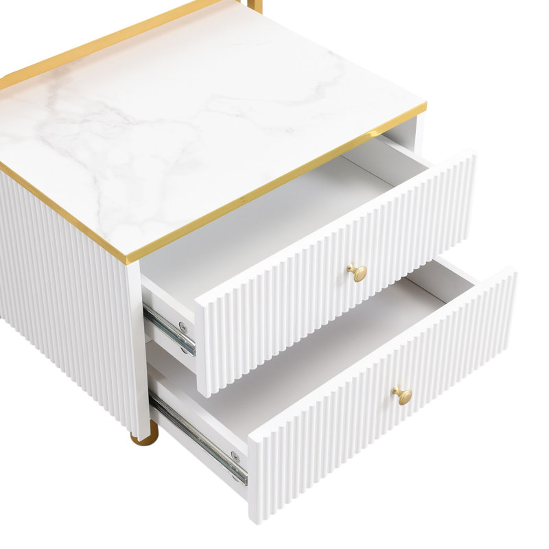 Gold And White Coffee Table Set Of 2, With Marble Pattern Coffee Table With Drawer Metal Frame Square End Table