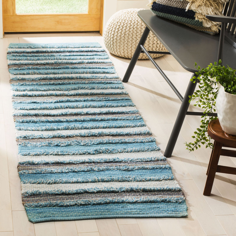Tapis aqua/blanc/gris en coton handwoven Monaca, Tapis de couloir 2 pi 3 po x 8 pi