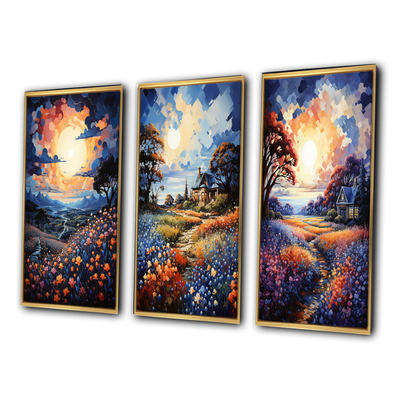«Blue Bonnet Bliss Field II», 3 pièces sur toile, Encadrement doré, H 32 po x l 48 po