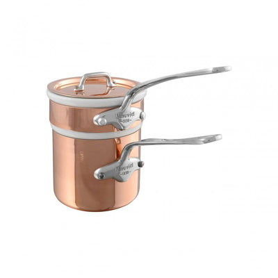 Mauviel M'150 S Copper Tinned Bain Marie/Double Boiler With Lid, Cast Stainless Steel Handles, 0.9-Qt
