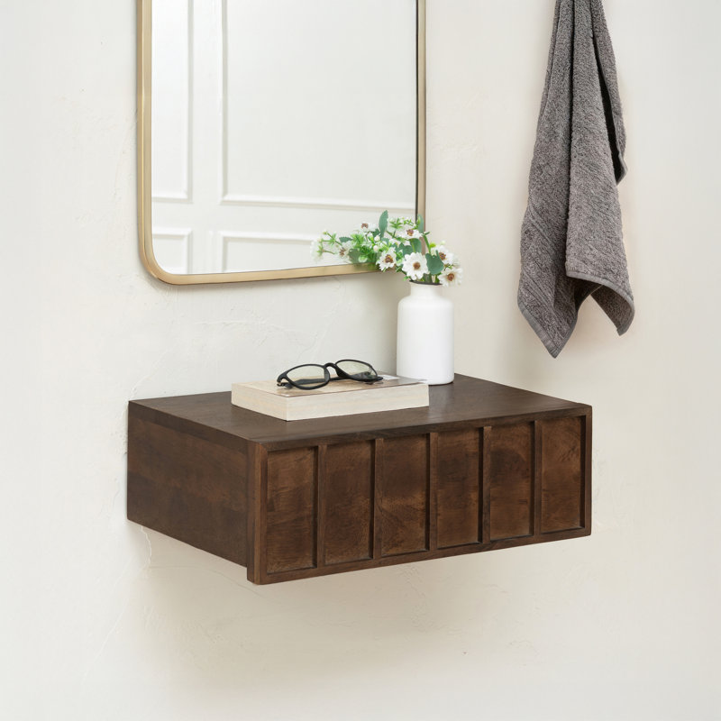 Amira Solid Wood Wall Mounted Shelf With Storage Drawer, Hazel Brown