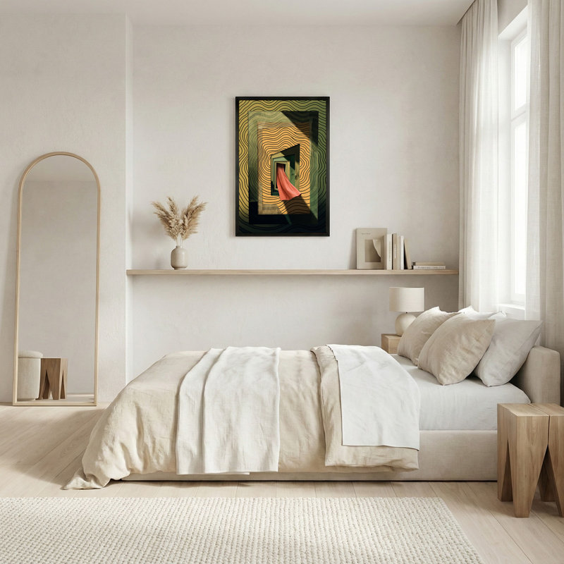 Toile abstraite avec lignes ondulées et tissu rose, H 24 po x l 16 po