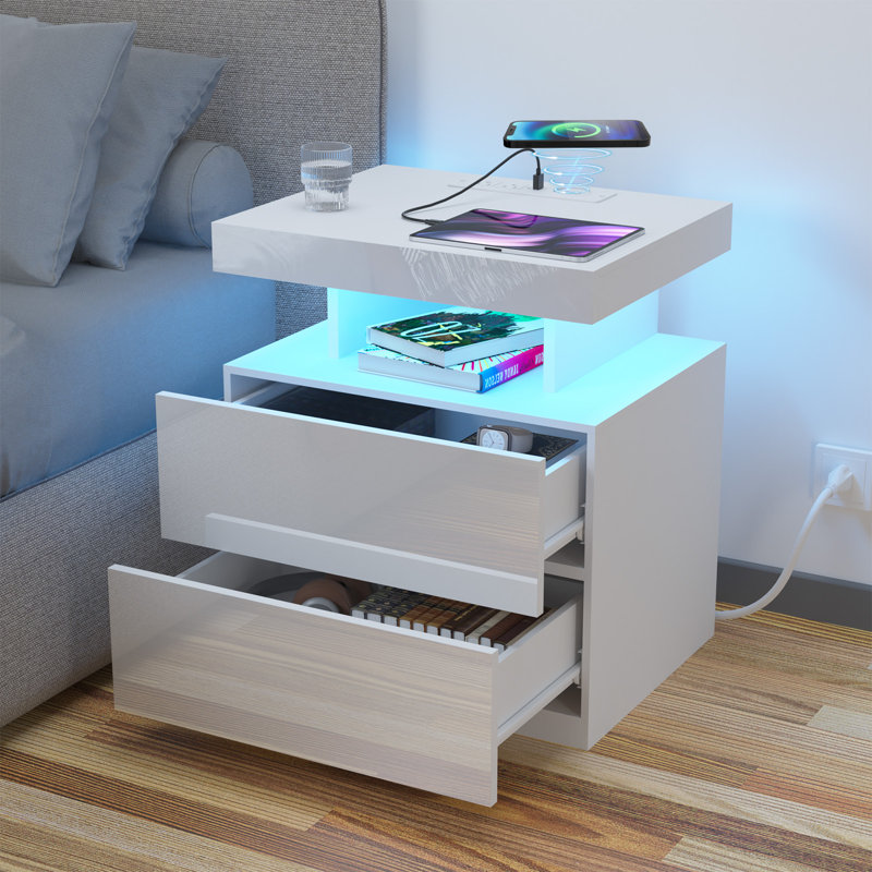 White High Gloss LED Nightstand with Wireless Charging and 2 Drawers
