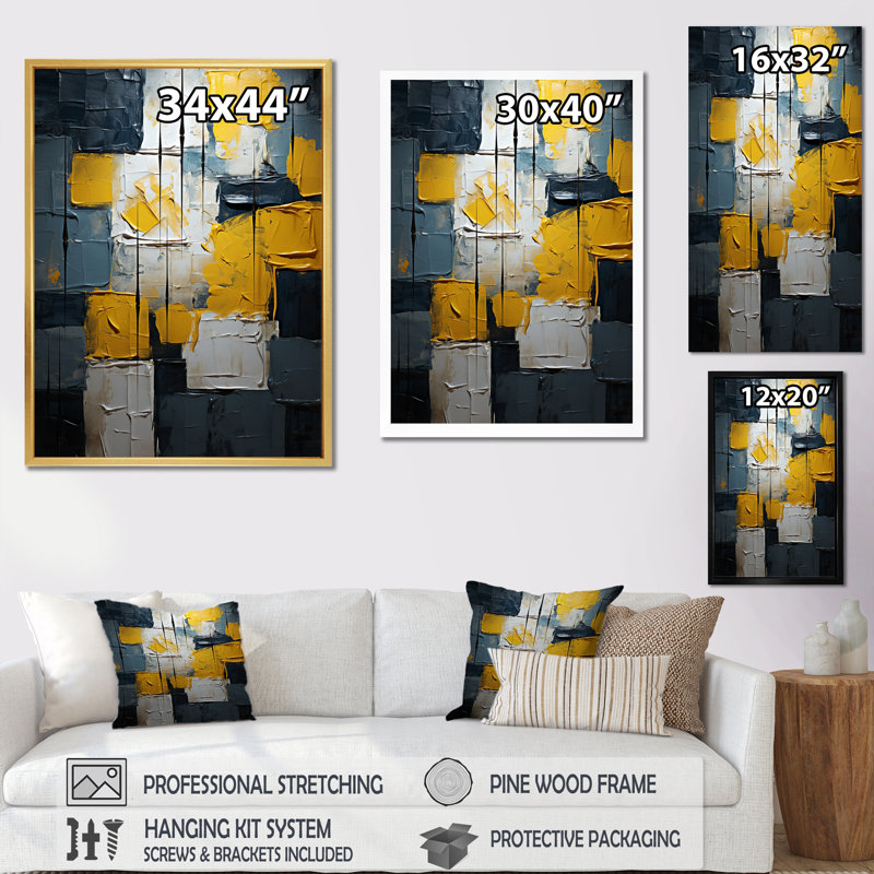 Sudden Happiness abstrait bleu sarcelle et jaune I - reproduction d'art sur toile, Cadre simple noir