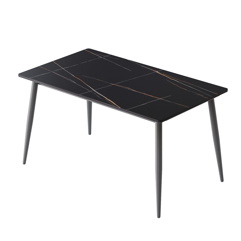 Table de salle à manger moderne de 55,78 po de forme rectangulaire, bureau en pierre frittée de 12 mm, pieds en métal gris foncé, 6 places assises, chaleur, naturel et non nocif pour la pièce