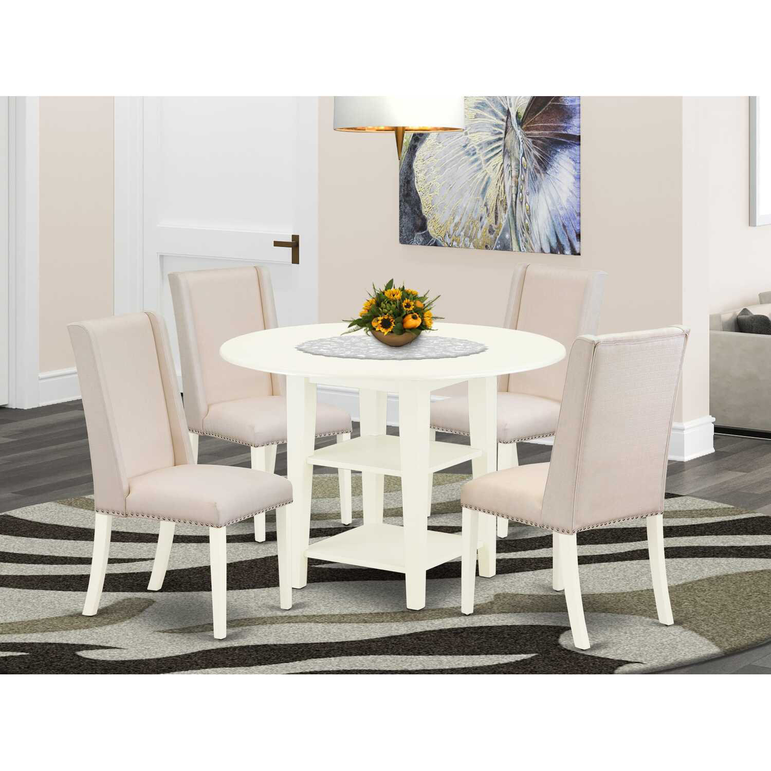 Red Dining Set Red Barrel Studio 5-Piece Linen White Finish Solid Wood Top - Round ...