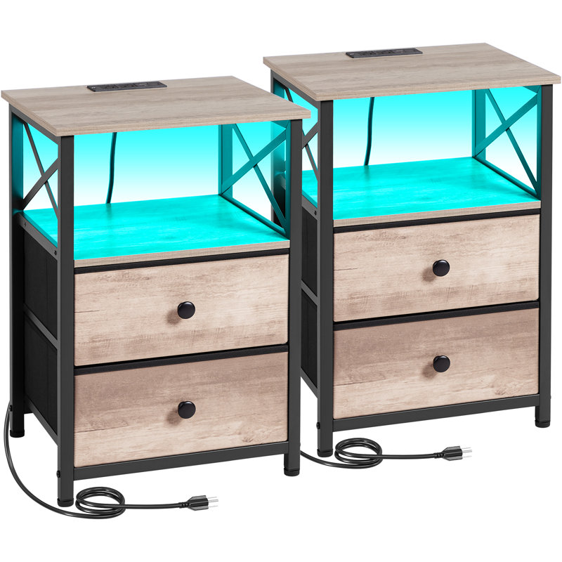 Ensemble de 2 tables de chevet 23,62 po avec station de chargement, lumière DEL et 2 tiroirs, 2