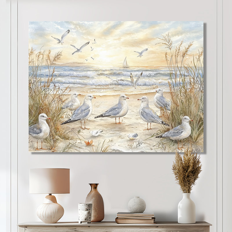 Mouettes sur la plage II - reproduction d'art mural plage et océan, H 34 po x l 44 po, Toile tendue, Ne s’applique pas