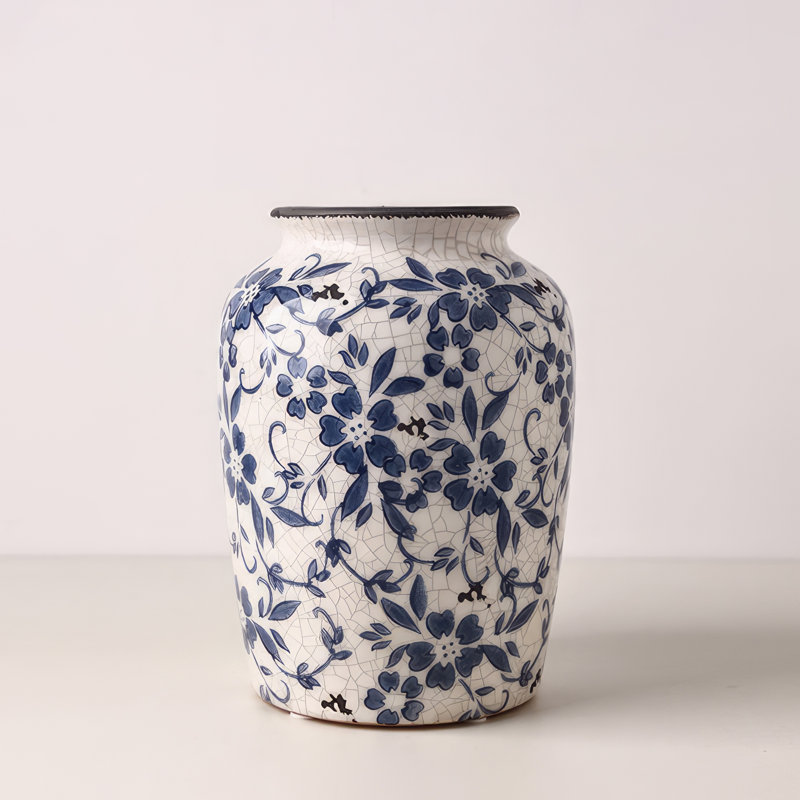 Cleto Handmade Ceramic Blue and White Porcelain Ceramic Table Vase, 10'' H x 7'' W x 6'' D