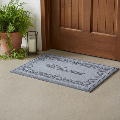 Tapis de porte d'extérieur en polypropylène gris à bordure à volutes, 45,7 cm x 76,2 cm (18 po x 30 po).