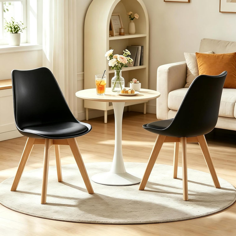 HDHNBA Set Of Two Modern Ergonomic Dining Chairs PU Padded Seat Plastic Shell Non Slip Floor Protectors Solid Legs, Black