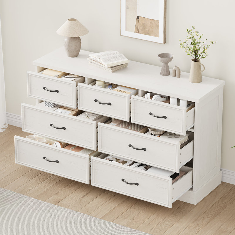 Commode 7 tiroirs en bois de 55 po de large avec grand rangement pour la chambre à coucher ou le salon, Blanc