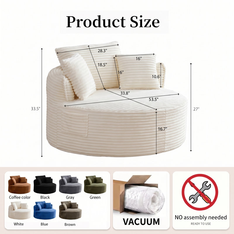 53.5" Oversized Round Chaise Lounge Chair Indoor, Comfy Corduroy Upholstered Boneless Couch with Pillow, No Assembly Required, Deep Seat Lounge Floor Compression Sofa Chair for Living Room, Apartment