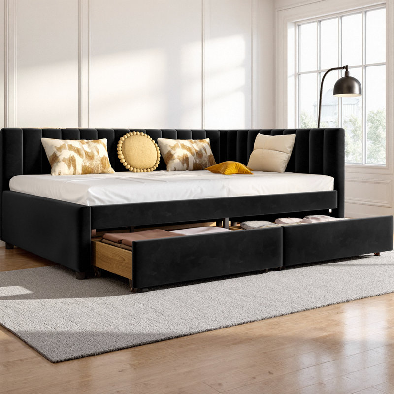 Full Size Daybed with Storage Drawers, Upholstered Corner Bed with L-Shaped Headboard, Velvet Daybed Frame for Living Room & Guest Room, Space-Saving Design