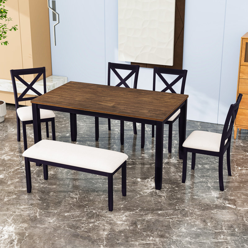 Ensemble de table de salle à manger 6 pièces avec banc et chaises rembourrées, Noir / blanc, Chêne, Noir