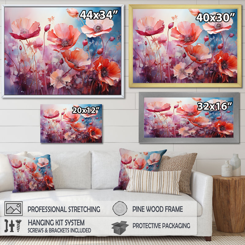 «Pink Crimson Flower Meadow Field» sur toile, Cadre flottant blanc, H 34 po x l 44 po
