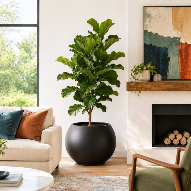 17" H x 21" Dia Modern Large Round Black Fiberstone Planter Pot with Drainage Hole, Lightweight UV-Resistant Planter for Olive Trees, Fiddle Leaf Fig & Tall Plants, Indoor Outdoor Entryway, Patio