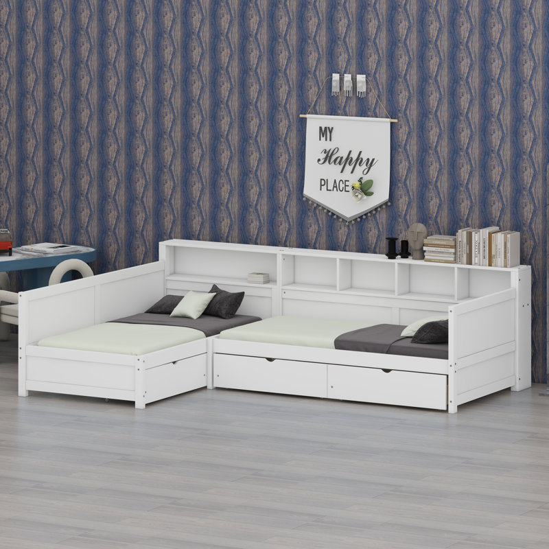 Structure de lit d'angle polyvalente avec tiroirs de rangement et tablettes de présentation conçues pour les chambres à coucher et les espaces de vie