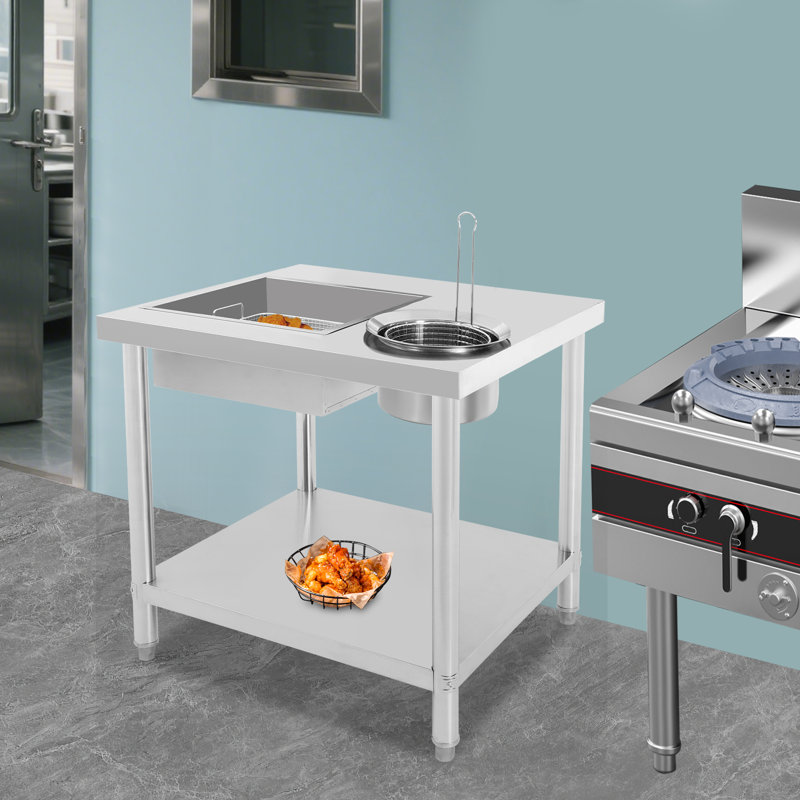 Table de préparation de poulet frit, plateau de travail de poulet frit autoportant avec panier rond / carré
