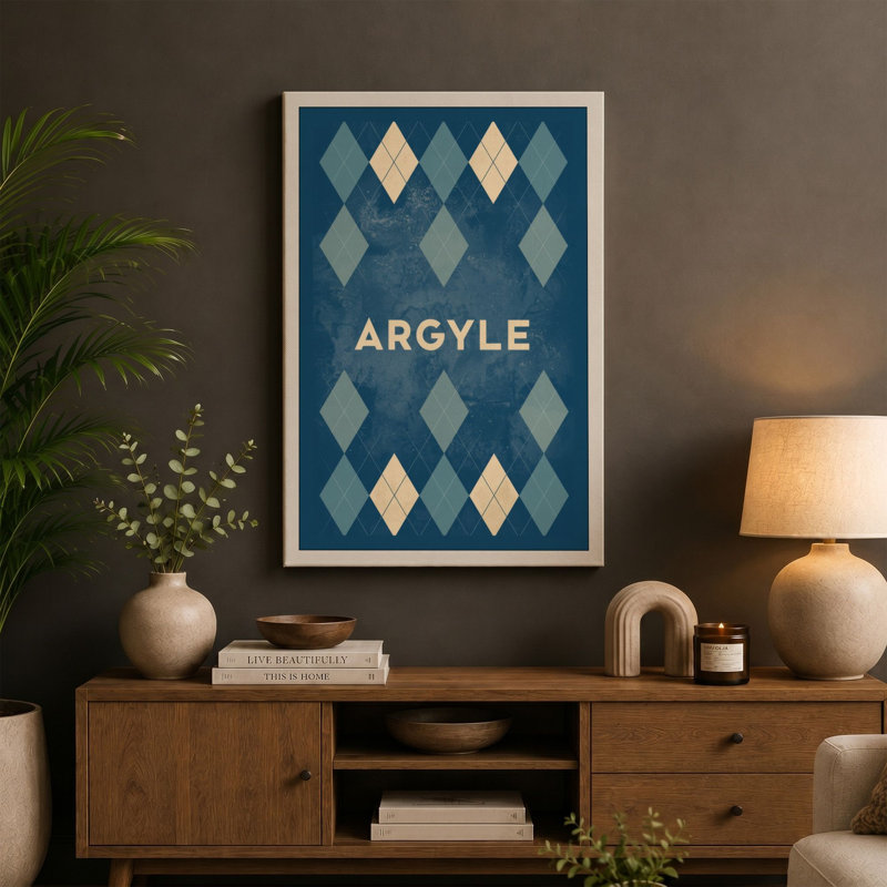Argyle Pattern Geometric - Wrapped Canvas, 36x24 - 91.4 x 61.0 cm, Taupe Border